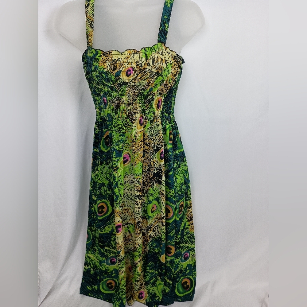 Artsy Smocked Vacation Grunge Boho Dopamine Green Peacock Print‎ Summer Dress ML